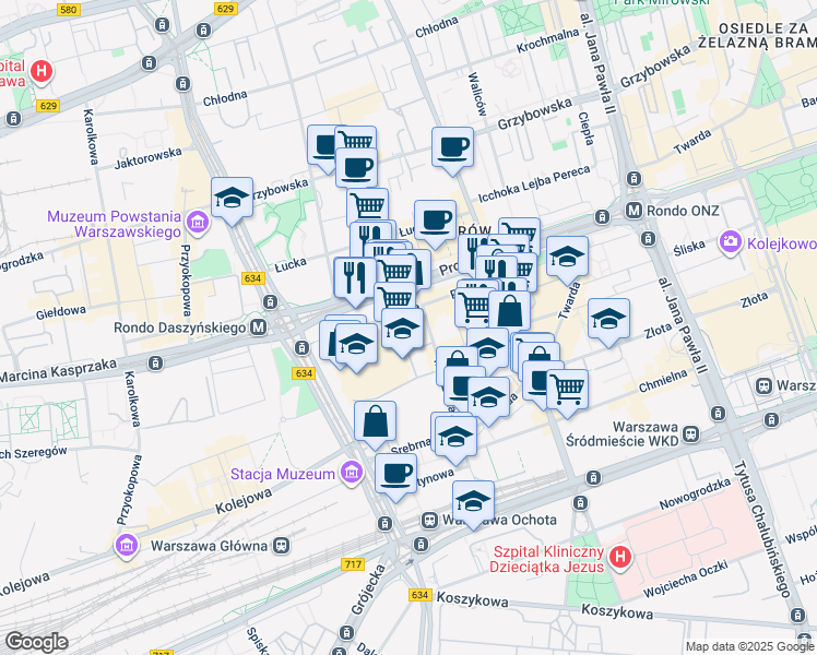 map of restaurants, bars, coffee shops, grocery stores, and more near 97 Pańska in Warszawa