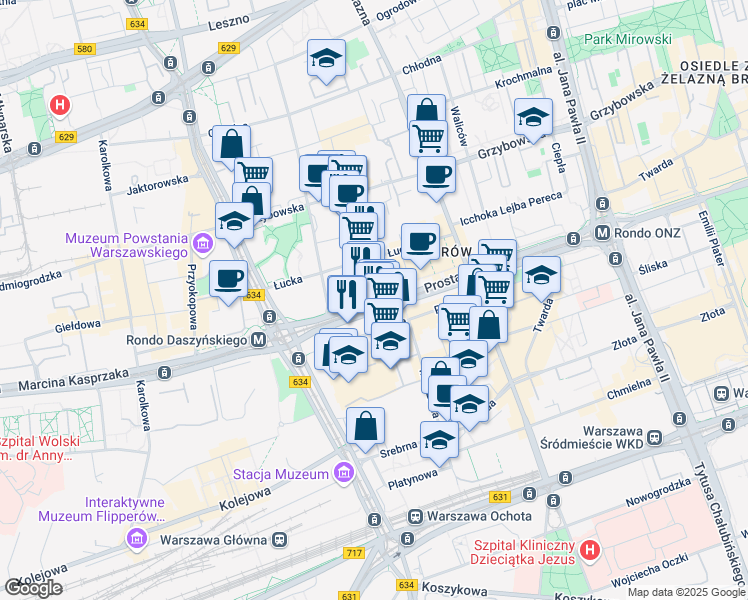 map of restaurants, bars, coffee shops, grocery stores, and more near Prosta in Warszawa