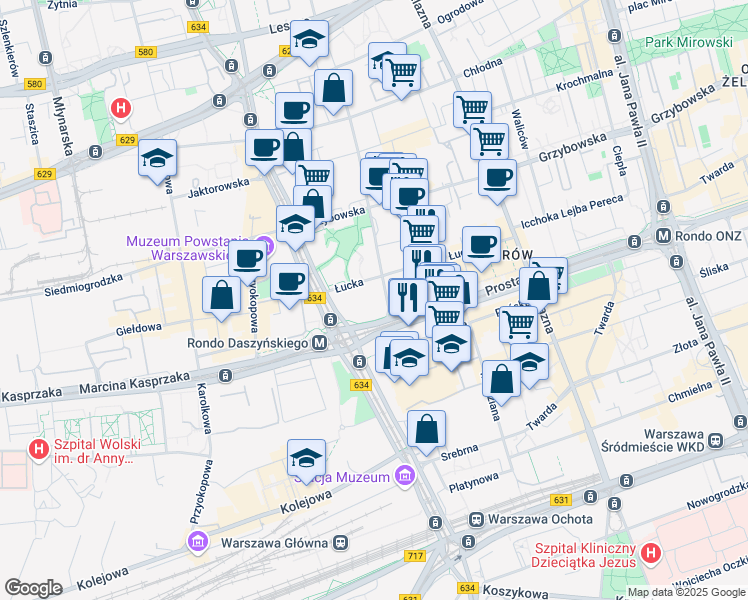 map of restaurants, bars, coffee shops, grocery stores, and more near 36 Prosta in Warszawa