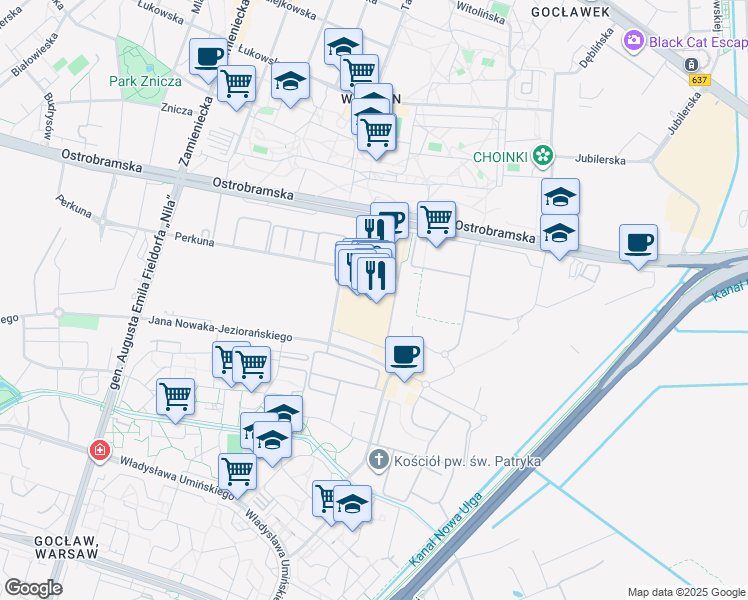 map of restaurants, bars, coffee shops, grocery stores, and more near 75c Ostrobramska in Warsaw