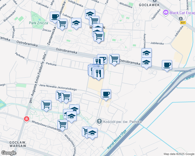 map of restaurants, bars, coffee shops, grocery stores, and more near 75c Ostrobramska in Warsaw