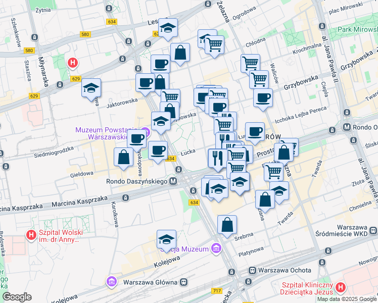 map of restaurants, bars, coffee shops, grocery stores, and more near 45 Łucka in Warszawa