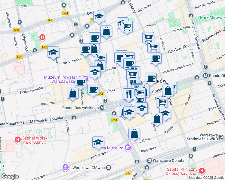 map of restaurants, bars, coffee shops, grocery stores, and more near 45 Łucka in Warszawa