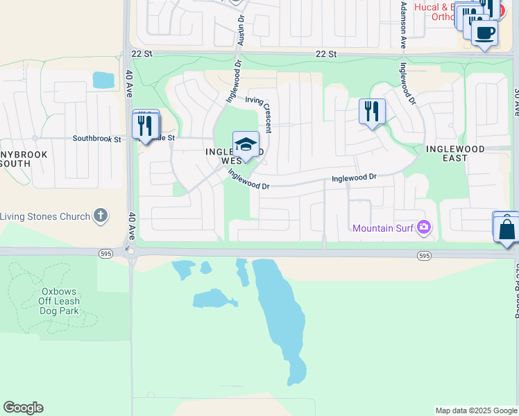 map of restaurants, bars, coffee shops, grocery stores, and more near Iverson Close in Red Deer