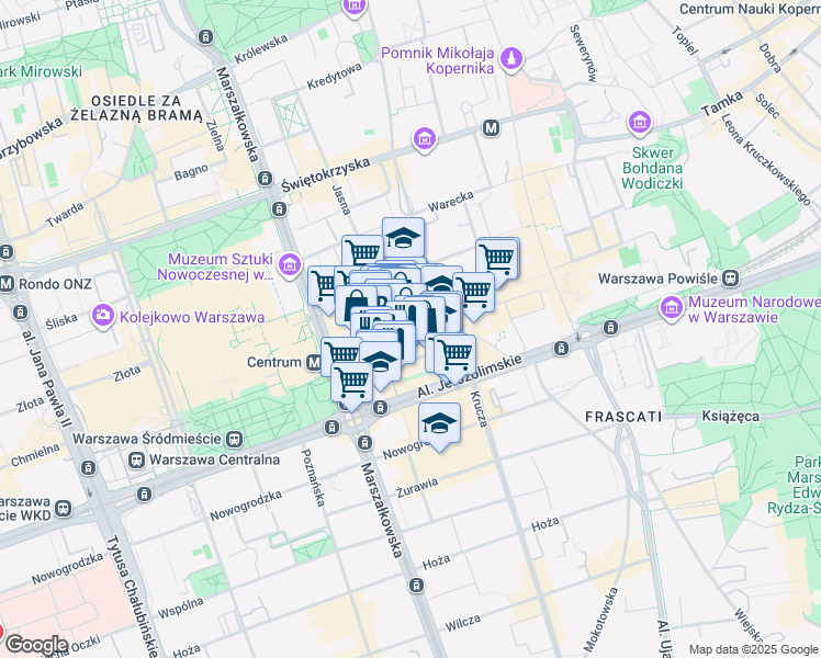 map of restaurants, bars, coffee shops, grocery stores, and more near 25 Chmielna in Warszawa