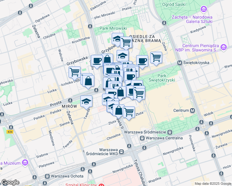 map of restaurants, bars, coffee shops, grocery stores, and more near 1 rondo ONZ in Warszawa