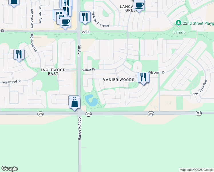 map of restaurants, bars, coffee shops, grocery stores, and more near 11 Vath Place in Red Deer