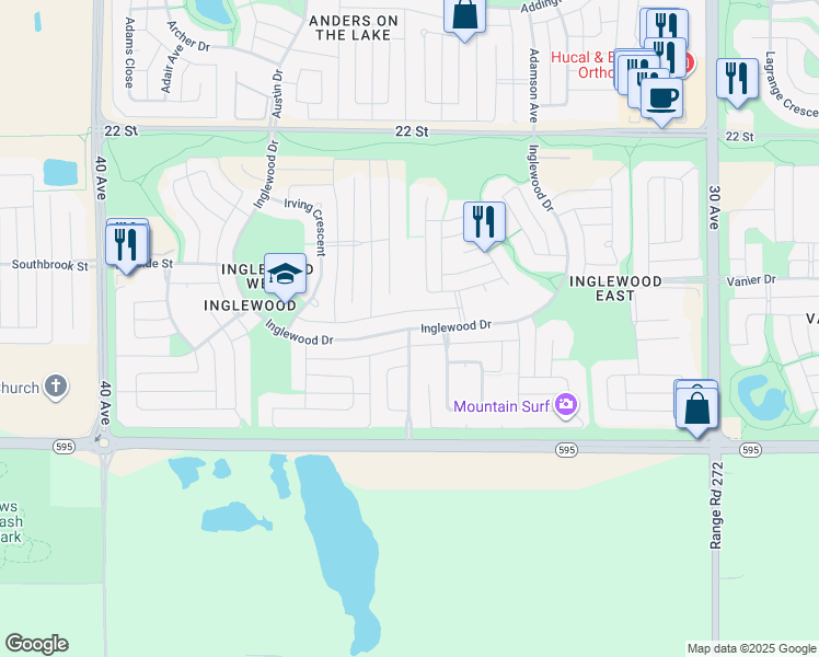 map of restaurants, bars, coffee shops, grocery stores, and more near Irwin Ave & Inglewood Dr in Red Deer