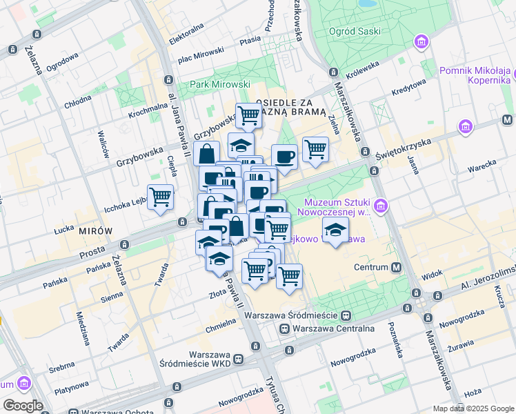 map of restaurants, bars, coffee shops, grocery stores, and more near 53 Emilii Plater in Warszawa