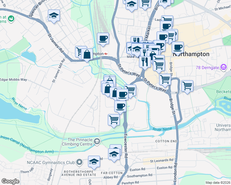 map of restaurants, bars, coffee shops, grocery stores, and more near Saint James' Mill Road in Northamptonshire