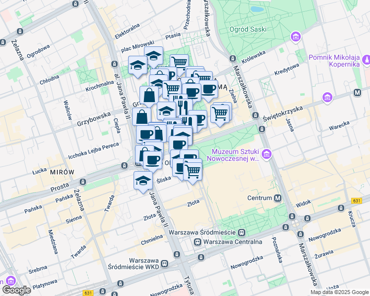 map of restaurants, bars, coffee shops, grocery stores, and more near 45 Emilii Plater in Warszawa