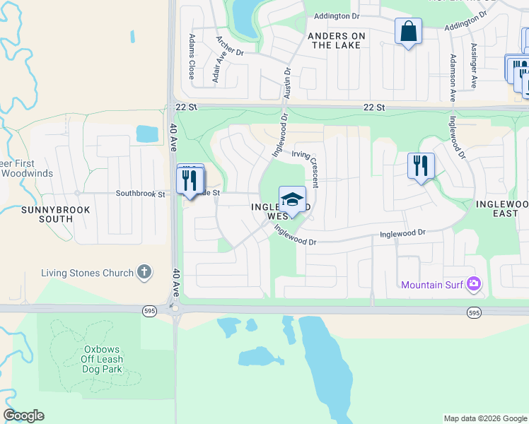 map of restaurants, bars, coffee shops, grocery stores, and more near Inglewood Drive in Red Deer