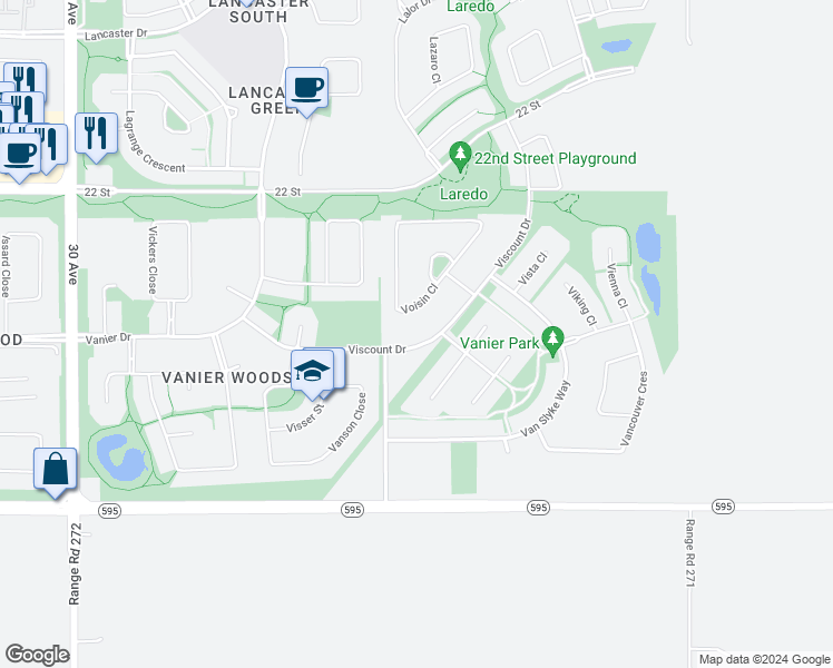 map of restaurants, bars, coffee shops, grocery stores, and more near 138 Viscount Drive in Red Deer