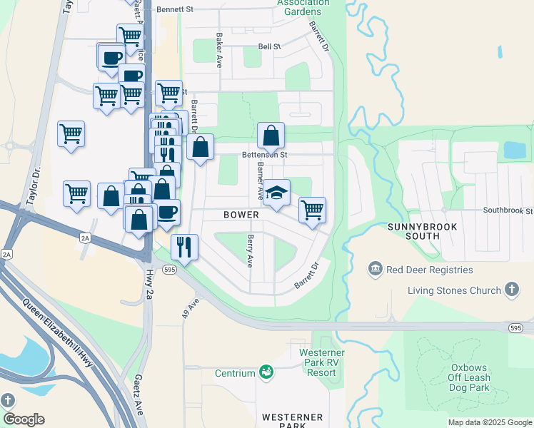 map of restaurants, bars, coffee shops, grocery stores, and more near 65 Baird Street in Red Deer
