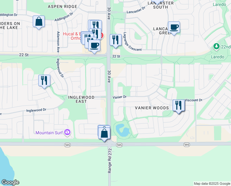 map of restaurants, bars, coffee shops, grocery stores, and more near 8 Vold Close in Red Deer