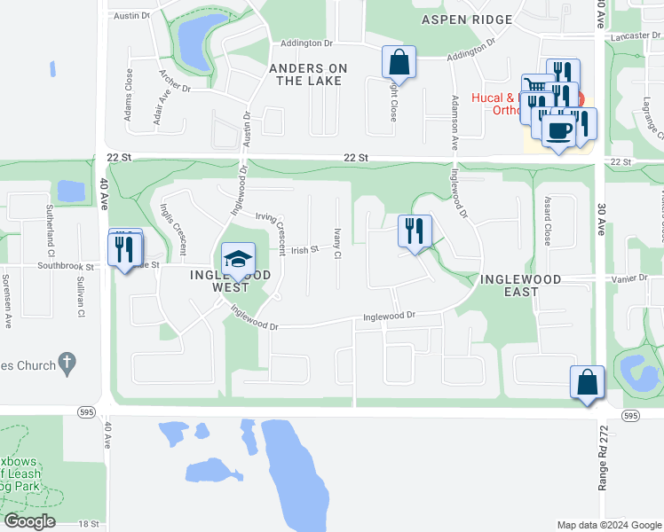 map of restaurants, bars, coffee shops, grocery stores, and more near 174 Ivany Close in Red Deer