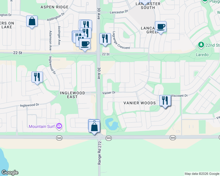 map of restaurants, bars, coffee shops, grocery stores, and more near 92 Vold Close in Red Deer