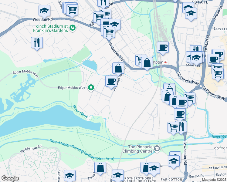 map of restaurants, bars, coffee shops, grocery stores, and more near Saint James' Mill Road in Northamptonshire