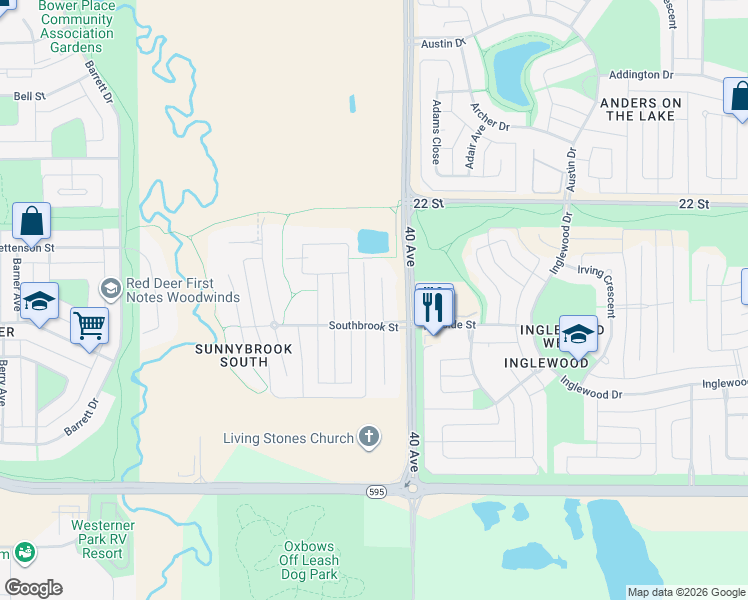 map of restaurants, bars, coffee shops, grocery stores, and more near 1 Shaw Close in Red Deer