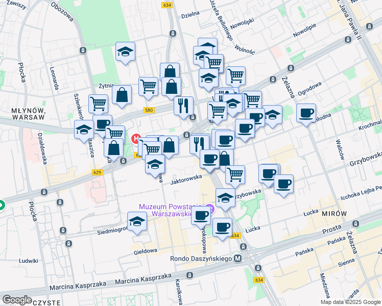 map of restaurants, bars, coffee shops, grocery stores, and more near 171 aleja "Solidarności" in Warszawa