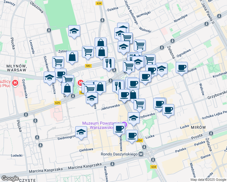 map of restaurants, bars, coffee shops, grocery stores, and more near 171 aleja "Solidarności" in Warszawa