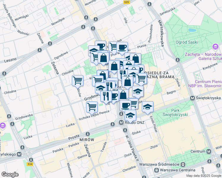 map of restaurants, bars, coffee shops, grocery stores, and more near in Warsaw