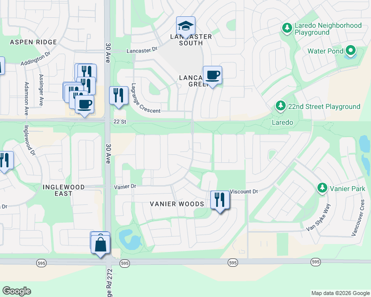 map of restaurants, bars, coffee shops, grocery stores, and more near 148 Vanier Drive in Red Deer