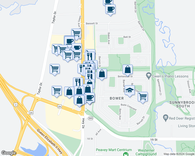 map of restaurants, bars, coffee shops, grocery stores, and more near 60 Barrett Drive in Red Deer