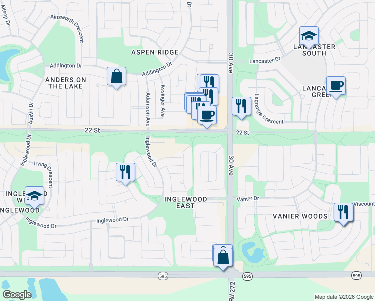 map of restaurants, bars, coffee shops, grocery stores, and more near 36 Isbister Close in Red Deer