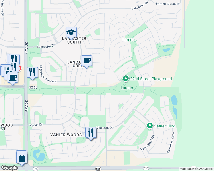 map of restaurants, bars, coffee shops, grocery stores, and more near 2450a 22 Street in Red Deer