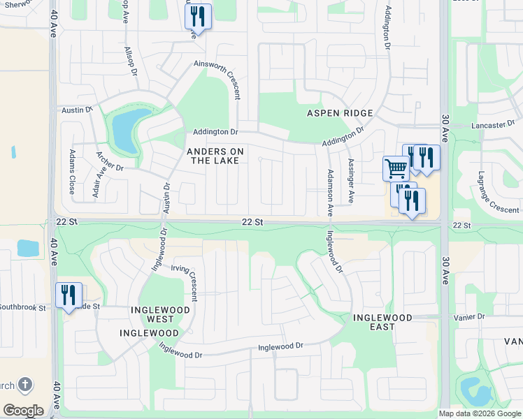 map of restaurants, bars, coffee shops, grocery stores, and more near 96 Allwright Close in Red Deer