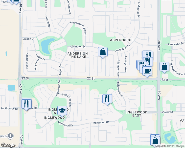 map of restaurants, bars, coffee shops, grocery stores, and more near 96 Allwright Close in Red Deer