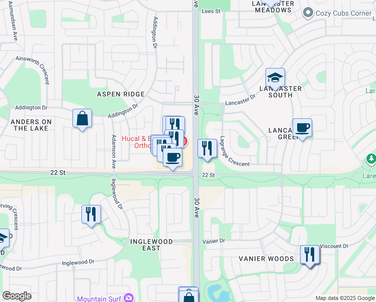 map of restaurants, bars, coffee shops, grocery stores, and more near 2230 30 Avenue in Red Deer