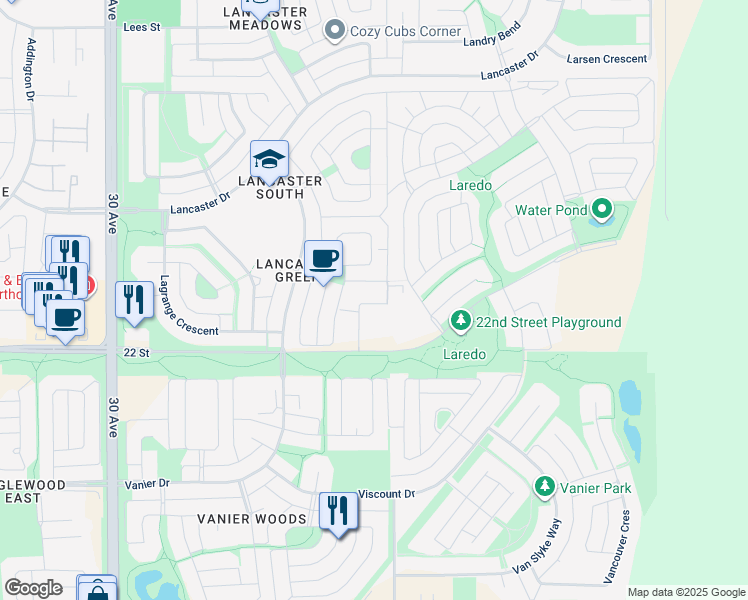 map of restaurants, bars, coffee shops, grocery stores, and more near 2660 22 Street in Red Deer