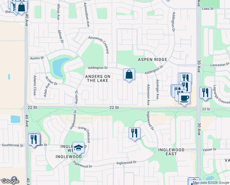 map of restaurants, bars, coffee shops, grocery stores, and more near 116 Allwright Close in Red Deer