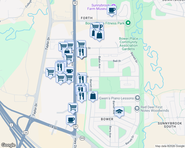 map of restaurants, bars, coffee shops, grocery stores, and more near 104 Boyce Street in Red Deer
