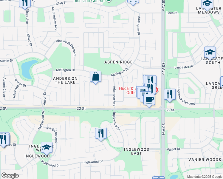 map of restaurants, bars, coffee shops, grocery stores, and more near 34 Adamson Avenue in Red Deer