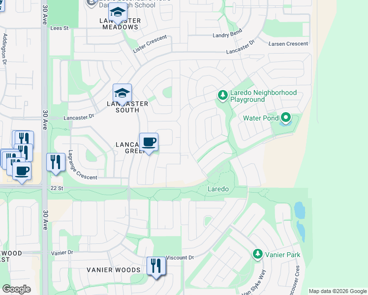 map of restaurants, bars, coffee shops, grocery stores, and more near 98 Lalor Drive in Red Deer