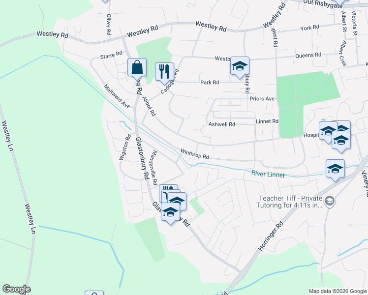 map of restaurants, bars, coffee shops, grocery stores, and more near 90 Winthrop Road in Bury St Edmunds