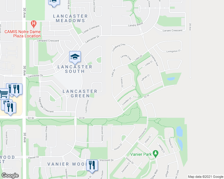 map of restaurants, bars, coffee shops, grocery stores, and more near 98 Lalor Drive in Red Deer