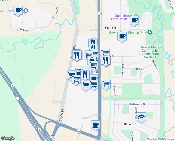 map of restaurants, bars, coffee shops, grocery stores, and more near 5250 22 Street in Red Deer