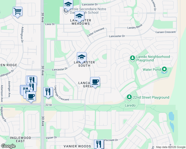 map of restaurants, bars, coffee shops, grocery stores, and more near 270 Lindsay Avenue in Red Deer