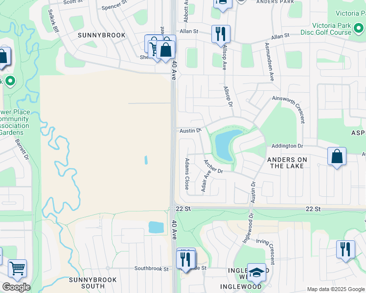 map of restaurants, bars, coffee shops, grocery stores, and more near 35 Adams Close in Red Deer