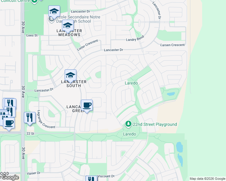 map of restaurants, bars, coffee shops, grocery stores, and more near 129 Lalor Drive in Red Deer