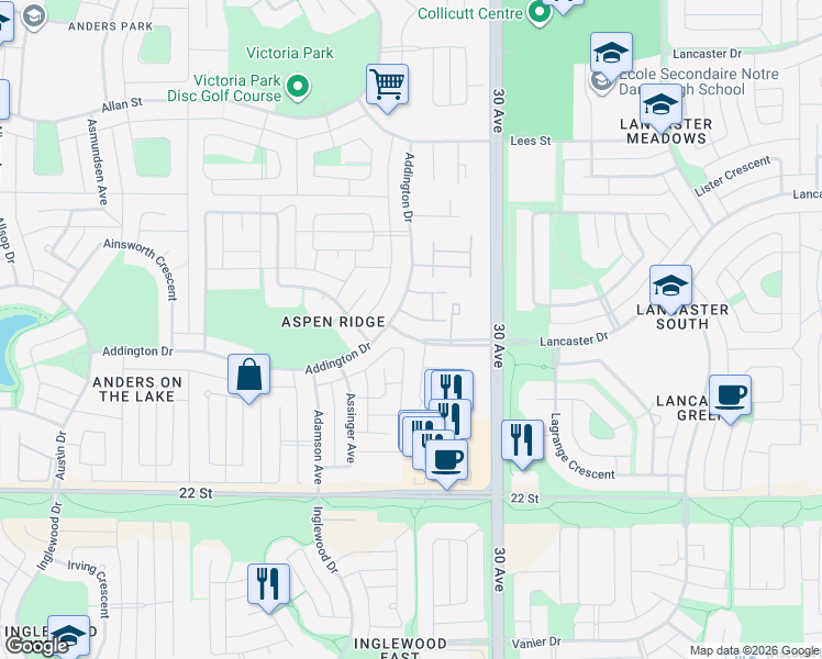 map of restaurants, bars, coffee shops, grocery stores, and more near 103 Addington Drive in Red Deer