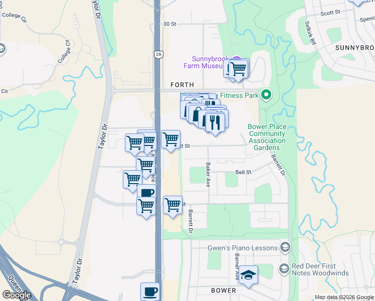 map of restaurants, bars, coffee shops, grocery stores, and more near 49 Bennett Street in Red Deer