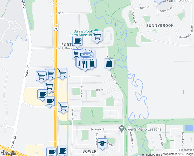 map of restaurants, bars, coffee shops, grocery stores, and more near 27 Bennett Street in Red Deer