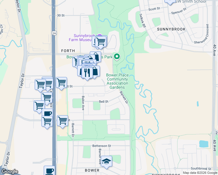 map of restaurants, bars, coffee shops, grocery stores, and more near 19 Bennett Street in Red Deer