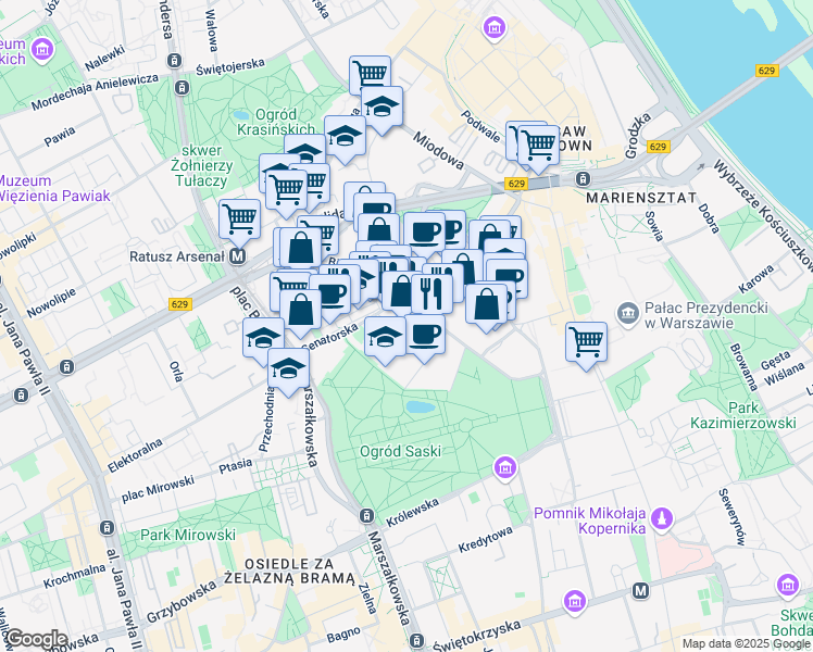 map of restaurants, bars, coffee shops, grocery stores, and more near 4 Canaletta in Warszawa