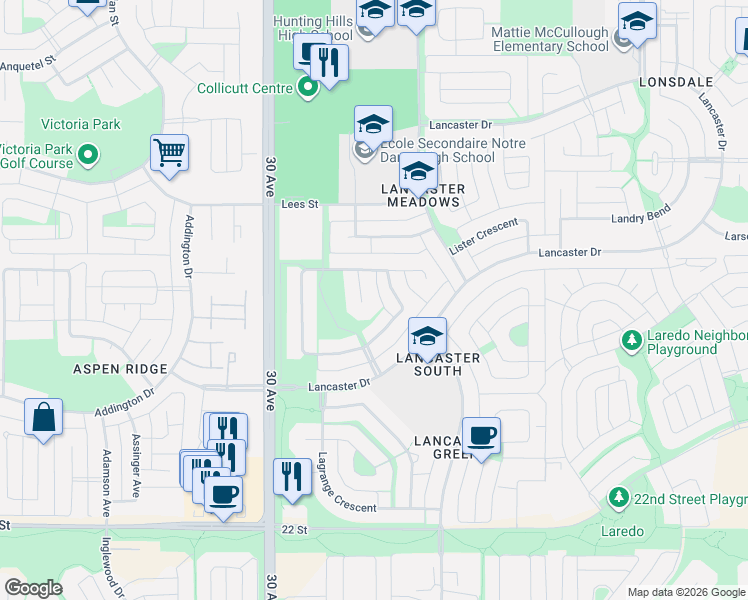 map of restaurants, bars, coffee shops, grocery stores, and more near 22 Lampard Crescent in Red Deer